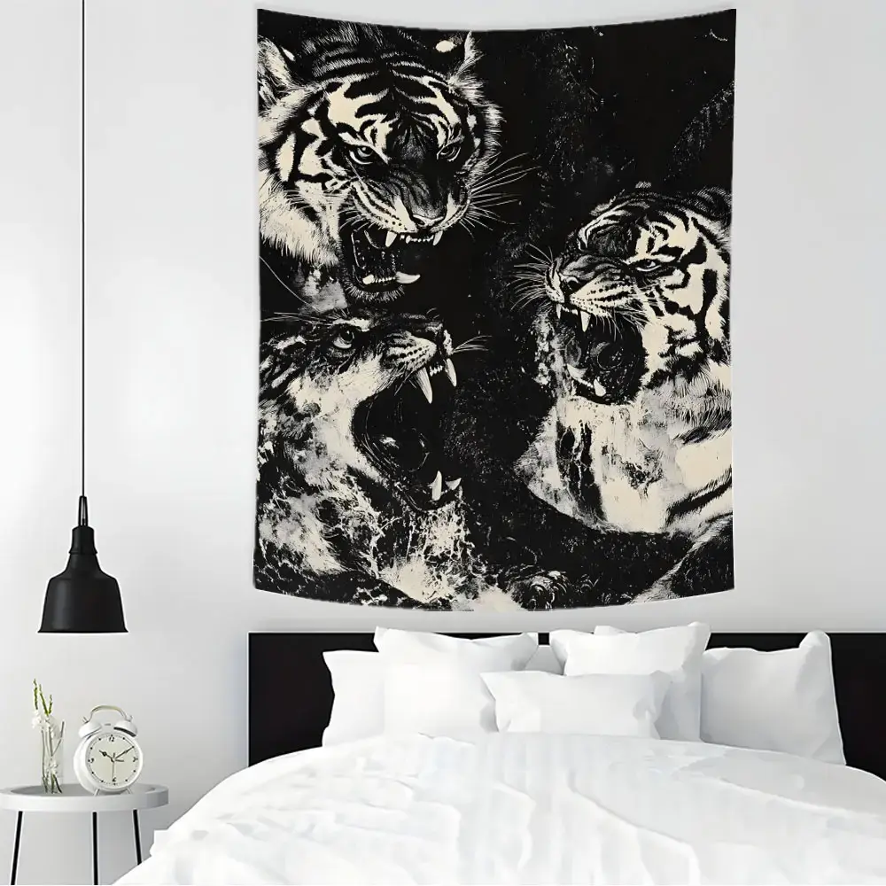 Black White Roaring Tiger Tapestry - Cool Dark Aesthetic Home Wall Hanging For Bedroom, Durable Decorative Tapestry, Wild Animal Print Wall Decor For Gaming Room Setup, Wall Tapestries, Bedroom Dorm Decor, Room