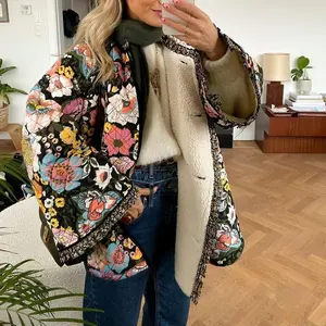Women’s Winter Loose Quilted Jacket Floral Print Button-Down Long Sleeve Padded Coat Warm Outerwear