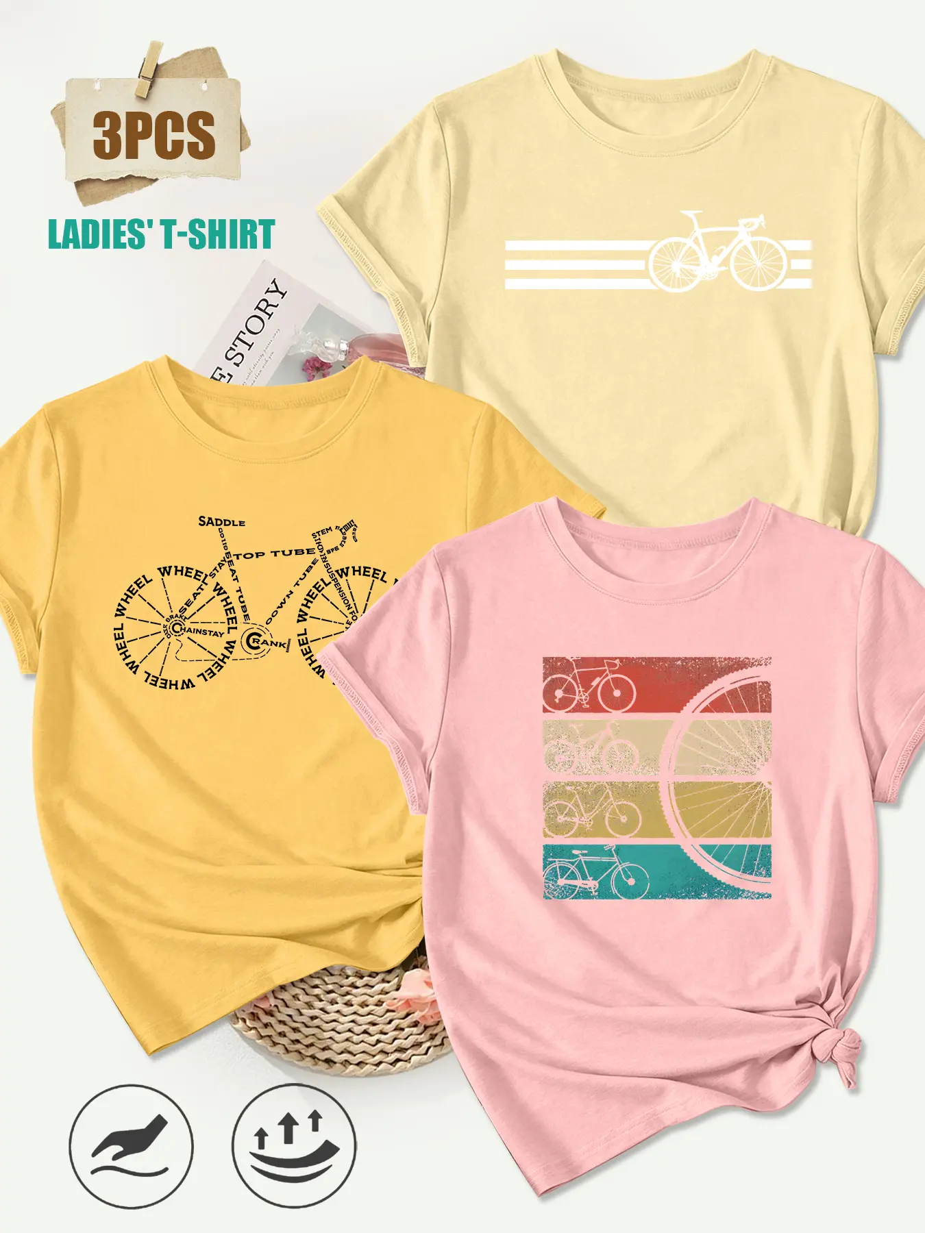 Women's 3-Pack Crew Neck T-Shirts, Bicycle Line Art, Text Bicycle & Retro Bike Print, Multiple Colors Available, Machine Washable, Spring & Summer Top, Soft Skin-Friendly Fabric, Daily Versatile, Fashion Design