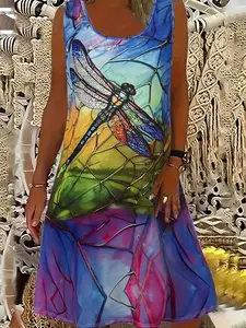 Dragonfly Print Sleeveless Tank Dress, Casual Crew Neck Dress For Spring & Summer, Women's Clothing