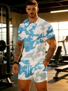 summer collection men's shorts and short-sleeve set two-piece set 3D full-frame printing Blue White Cloud Pattern Print Design loose and breathable Casual sports, trendy and versatile short sleeve T-shirt, shorts fabric quick-dry fashion 2-piece set