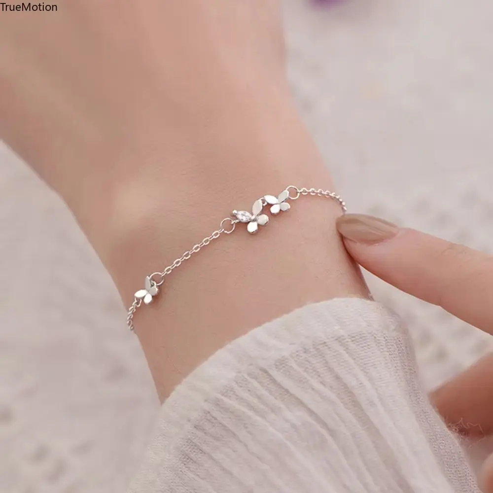 Women's 925 Sterling Silver Adjustable Bangle - Flower Design Bracelet with Elegant Zircon Butterfly Charm, Gift-Ready Jewelry, Exquisite Bracelet, Butterfly Flower, Zircon Charms, Female, Exquisite Trendy Bracelet