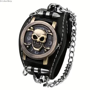 2026 Punk Skull Cuff Watch for Men – Wide Black Leather Bracelet Watch, Gothic Quartz Wristwatch, Rock Biker Streetwear Fashion Accessory