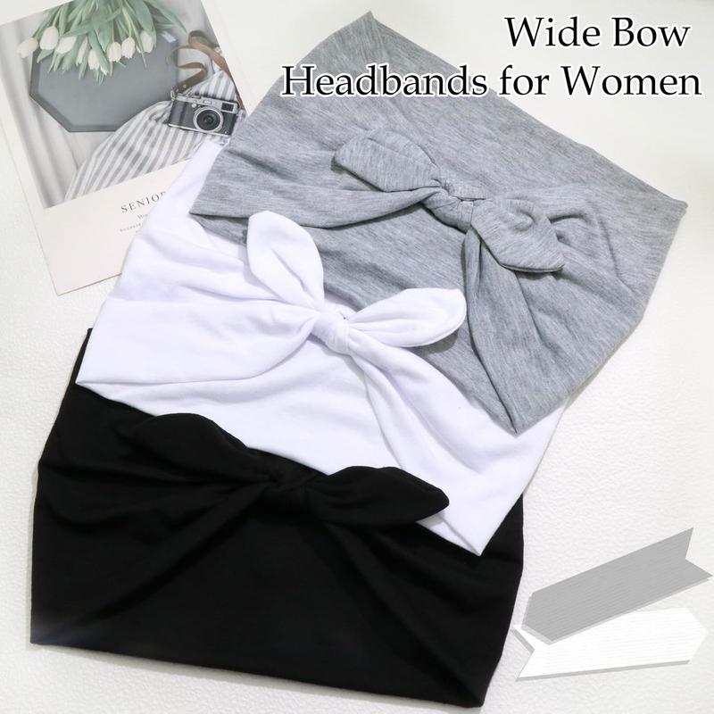3Pack Black,Gray,White Bow Headbands for Women Boho Wide Head Bands for Women's Hair Christmas Non Slip Elastic Hair Bands Soft Headwraps Workout Yoga Turban Hair Accessories