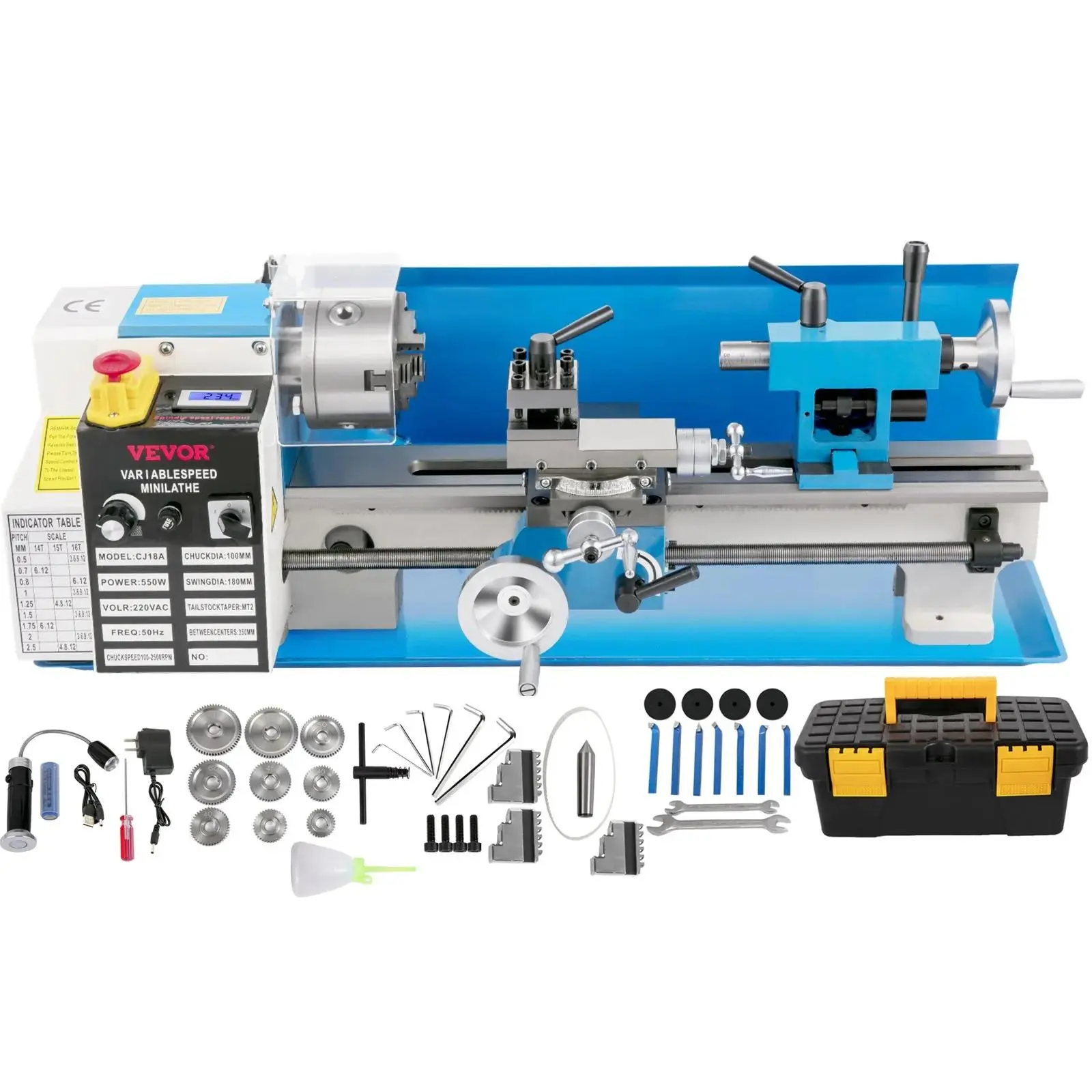 【summerfinds】VEVOR Compact Metal Lathe,  , 7"x14", Desktop Metalworking Lathe, 550W, Adjustable Speed up to 2250 RPM, Includes 3-jaw Chuck and Digital Display, Precision Crafting Lathe with Tool Box for Metalworki