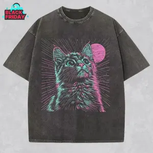 Psychedelic Cat Shirt Trippy Streetwear Vaporwave Aesthetic Unisex Tee Y2K Tshirt Rave Wear Weirdcore Gift for Him or Her