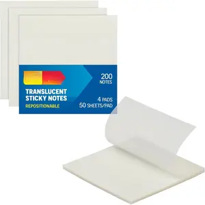 Translucent Sticky Notes, Transparent Self-Stick Notes, 3" x 3", 4 Pads, 50 Notes Per Pad, 200 Sheets (1006596)