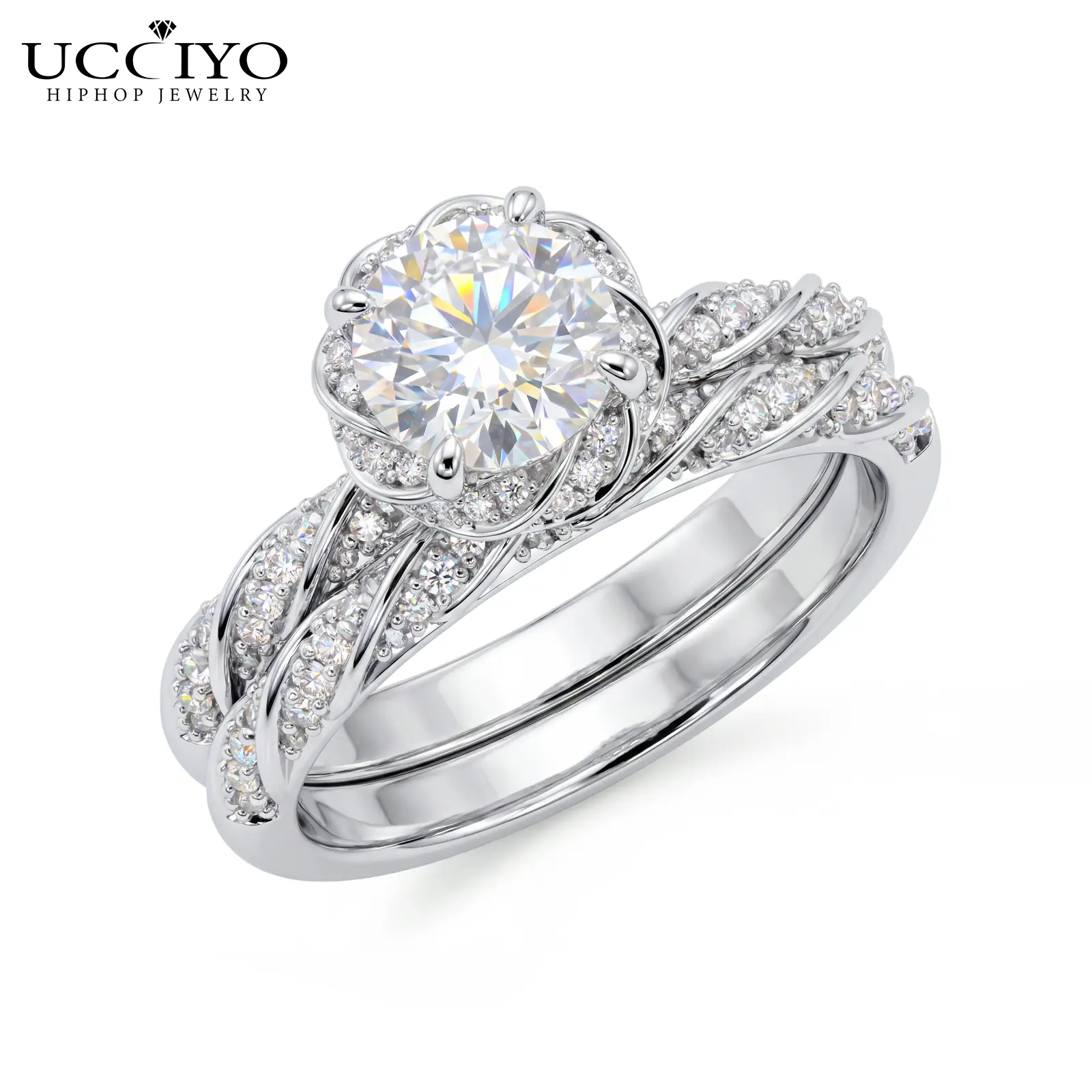 UCCIYO 2PCS 925 Sterling Silver Round Moissanite Ring Set for Women, Twisted Stackable Promise Ring, Sparkly Travel Engagement Anniversary Gift Jewelry [# R758], 15Mm, Wedding