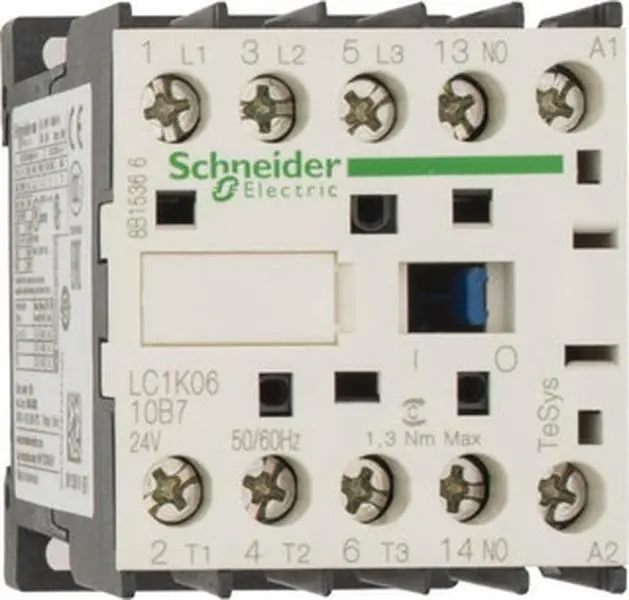 Schneider Electric 3 Pole, 24 Coil VAC at 50/60 Hz, 6 Amp at 440 VAC, Nonreversible IEC Contactor BS 5424, CSA, IEC 60947, NF C 63-110, RoHS Compliant, UL Listed, VDE 0660 LC1K0610B7