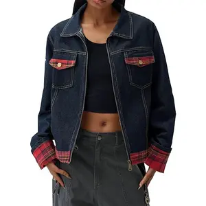 Bakyarder Distressed Jean Jacket Vintage Dark Wash Plaid Zip Up Unisex Denim Jacket With Pockets