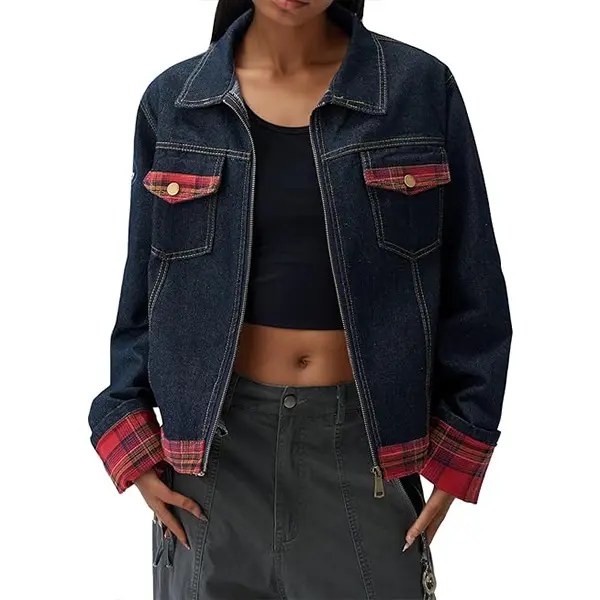 Bakyarder Distressed Jean Jacket Vintage Dark Wash Plaid Zip Up Unisex Denim Jacket With Pockets
