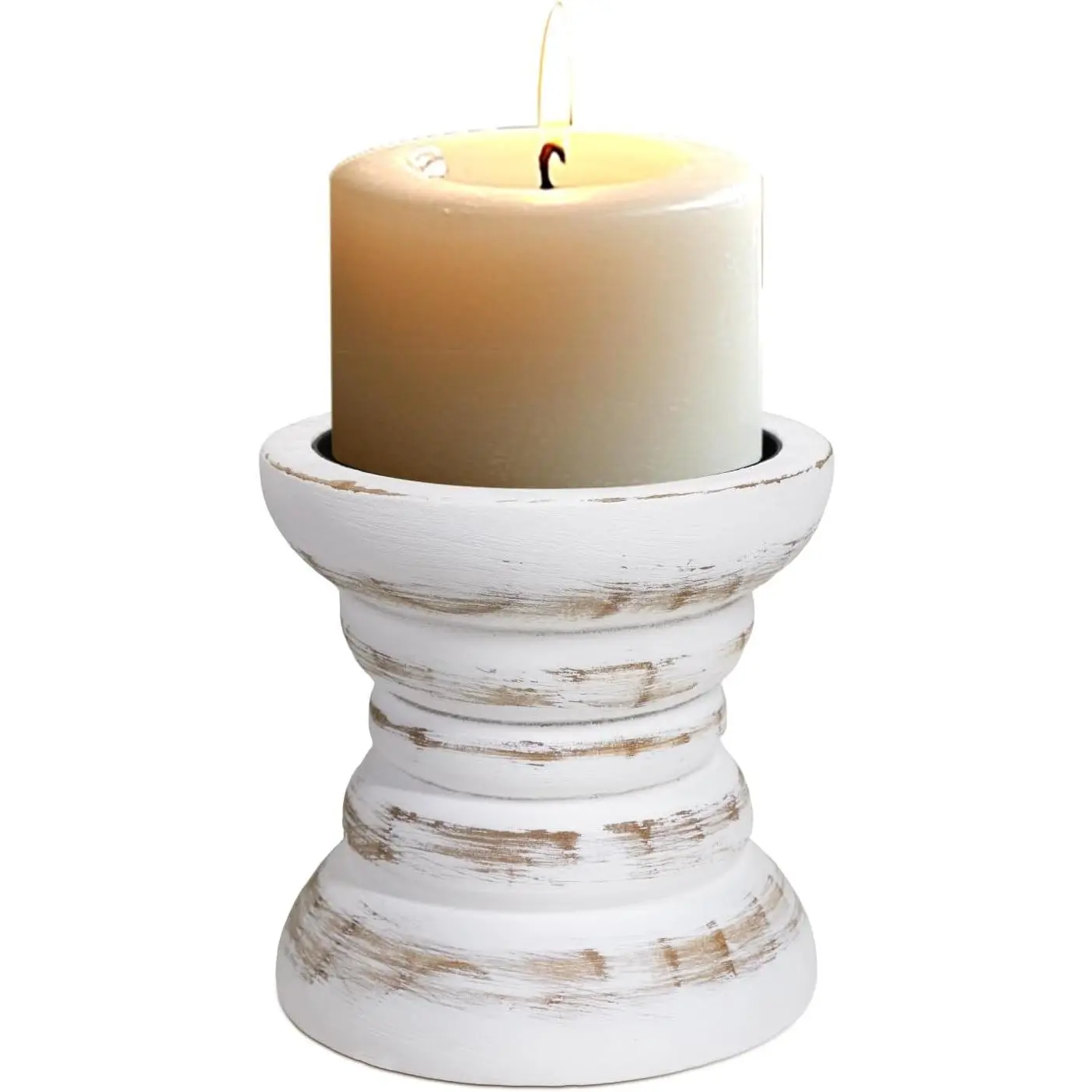 Pillar Candle Holder, Farmhouse Wood Candle Holder, Rustic Wooden Candle Stand, Vintage Small Wooden Candlestick Holders for Living Room, Table Centerpiece, White
