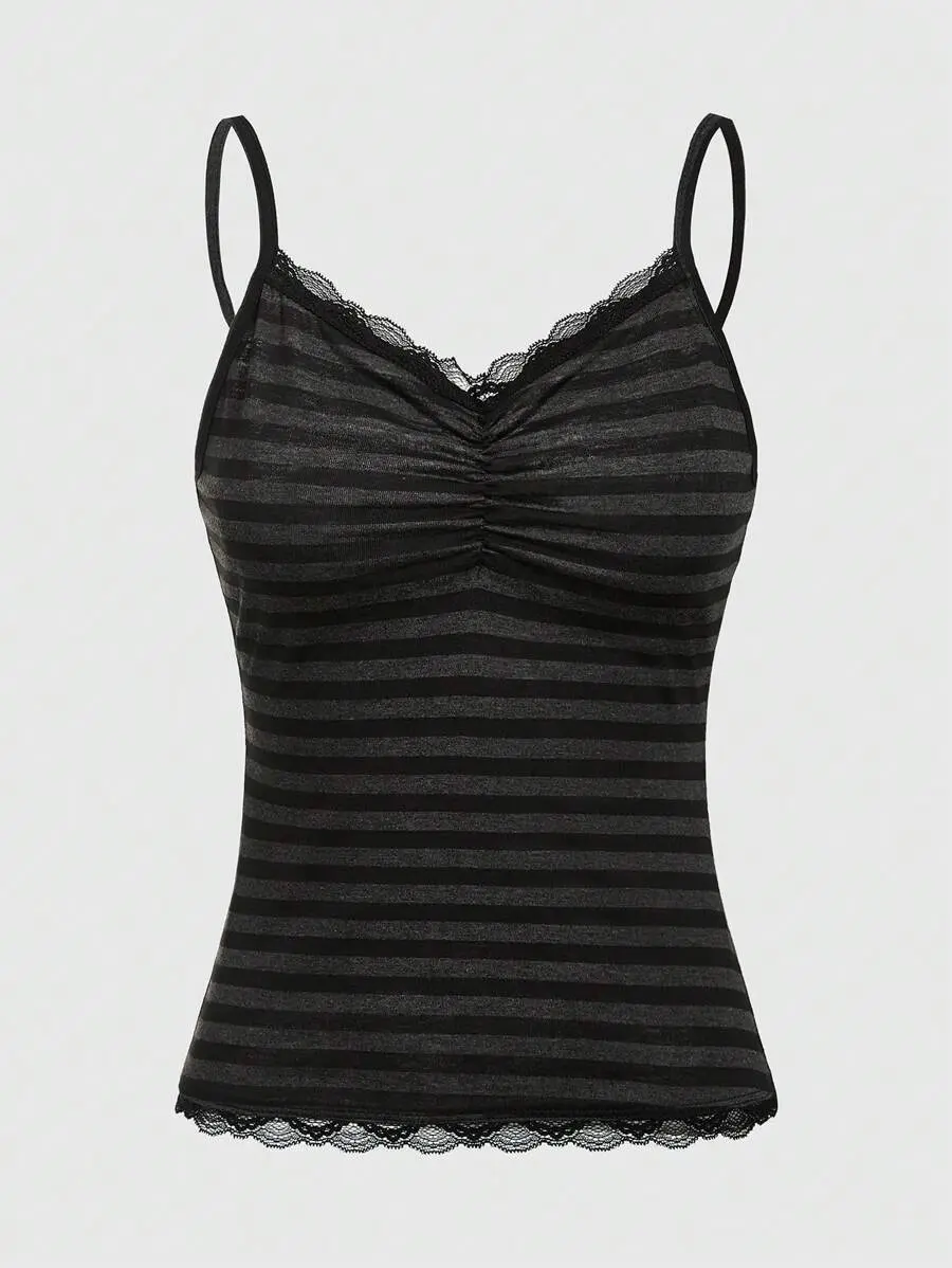 Women's Y2K Punk Contrast Lace Pleated Fashion Striped Camisole Tank Top Vacation Summer/Autumn Casual Coastal
