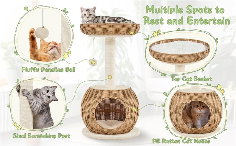 Yaheetech Cat Tree, 29.5″ Rattan Cat Climbing Tower with Scratching Post, Woven Rattan Cat Condo with Soft Cushion for Indoor Kittens