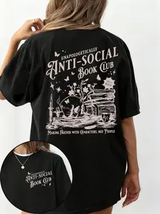 Black Vintage Wash Anti-Social Book Club Graphic Tee - 2026 Trending Lady Introvert Wear, Soft Cotton Fabric Perfect for Book Lovers & Lounging, Bold Skull Book Print That Stands Out