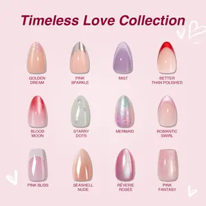 VSALON Timeless Love Press On Nail Collection Holiday Nails Salon-Quality Short Almond Square 32PCS Acrylic Press-on Fake Nails Valentine's Day Nails Glitter Dip Powder Golden Dream Shining Glitter