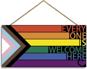 LGBT Rainbow Sign Front Door Decor, Every One Is Welcome Here Pride Flag Wooden Wall Decor,Gay Pride Rainbow Decorations for Home Wall Porch Front Door Classroom
