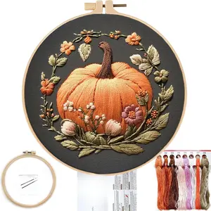 Pumpkin Embroidery Kit for Beginners, Pre-Stamped Pattern Kits for Adults with Hoop, Easy to Follow Color Thread Needlework, 8'' Hoop (Orange)