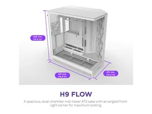 NZXT H9 Flow (2025)  Large Dual-Chamber ATX Mid-Tower Airflow PC Case  Includes 3 x 140mm & 1 x 120mm Fans  420mm Radiator Support  Tempered Glass  Back-Connect Ready  White