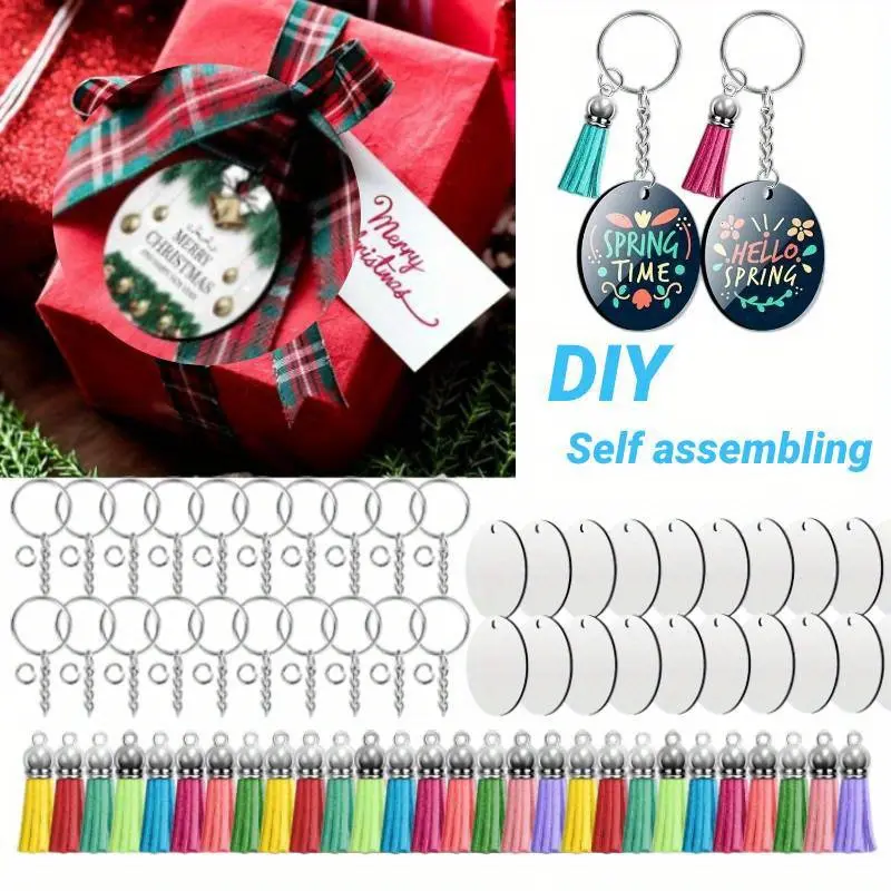 Keychains Products 80PCS,Keychains Tag Bulk with 2 Inch - Side Round Coasters Blanks, Key Chains, Tassels, Jump Rings for Ornament Making DIY Art Craft Supplies