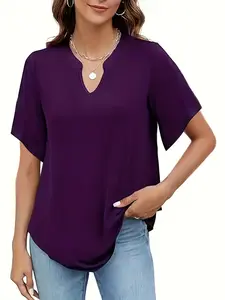 Plus Size Women's V Neck Chiffon Blouse, Short Sleeve Loose Fit, Conceal Fat Slimming Summer Top, Versatile Casual Wear