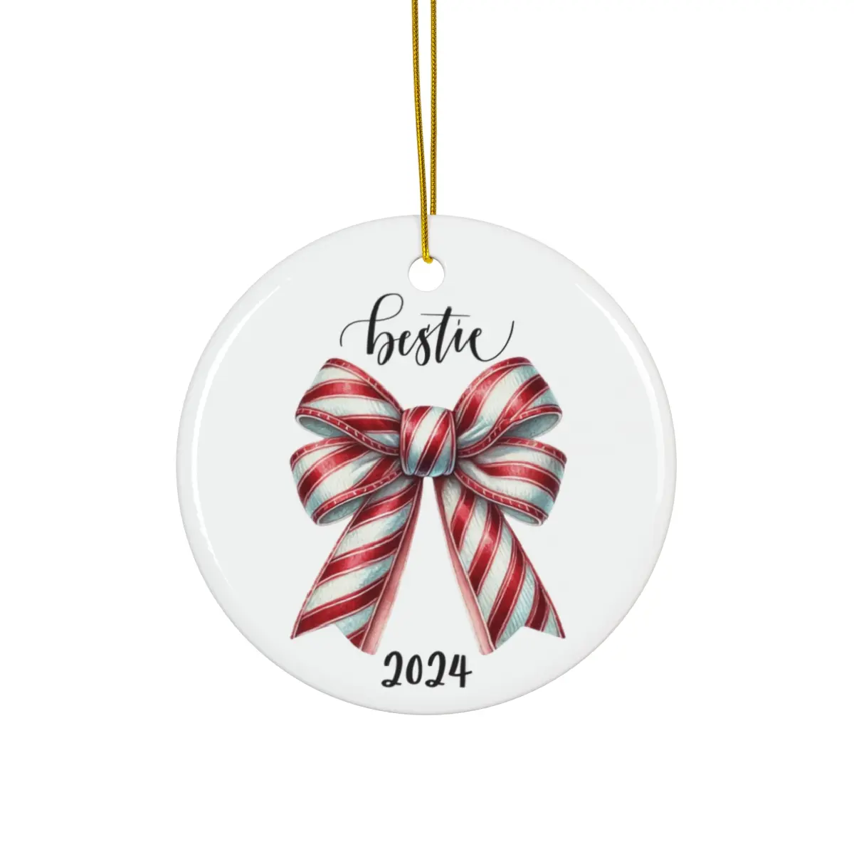 Coquette Bow Bestie Christmas Tree Ornament - Festive 2024 Round Ceramic Decoration for Best Friend Gift