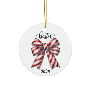 Coquette Bow Bestie Christmas Tree Ornament - Festive 2024 Round Ceramic Decoration for Best Friend Gift