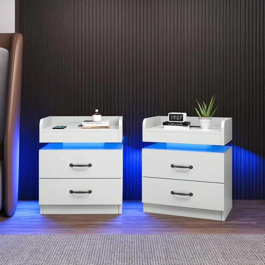 Set of 2 Modern MDF Wood LED Nightstands, 2-Drawer Bedside End Tables with Mirrored Console Inlay Marble, Mobile Bedroom Tables with Wheels