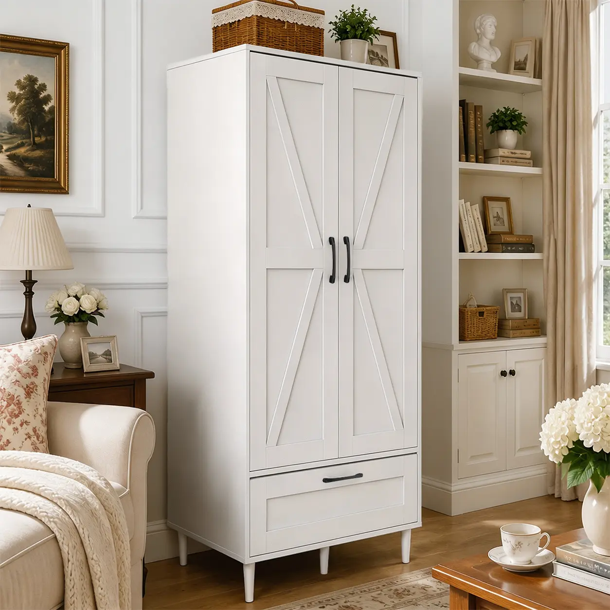 Modern Wooden Armoire Wardrobe - 60" Height Freestanding Wooden Closet System with 2 Doors, 1 Drawer, Adjustable Aluminum Hanging Rods, Closet Storage for Bedroom, Living Room (White, Black), Modern Wooden Armoires, Wooden Bedroom Armoire
