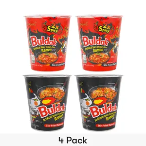 Samyang Buldak Ramen 4-Cup Variety Pack: Spicy Chicken & Double Spicy Nuclear Fire Flavor Noodles (280g)