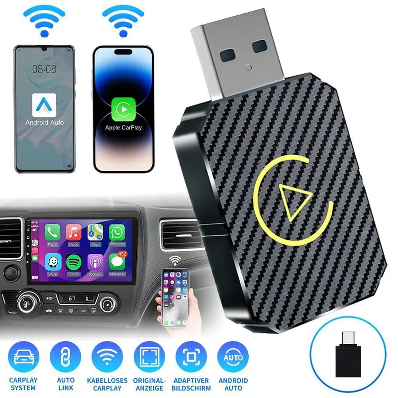 【TechVibes】2-in-1 Carplay & Android Auto Wireless Adapter - Wired to Wireless Converter Dongle with 5.8 GHz, 2.4 GHz Bluetooth, Carplay Dongle Connectivity, Steering Wheel Control for Car Stereo, Plug & Play iOS/Android Receiver