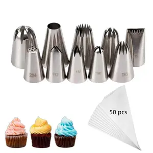 10 pieces of stainless steel piping nozzle with 50 pieces disposable piping bag, professional cream piping nozzle, suitable for paper cupcake decoration, cookies, baking, DIY dessert decoration, cake decoration tool