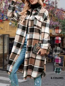 Women's Colorblock Plaid Print Button Front Loose Fit Drop Shoulder Coat Jackets, Casual Chic Style Long Sleeve Collared Pocket Coat for Fall & Winter, Women's Womenswear Clothing for Daily Wear 1 Piece
