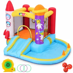 AKEYDIY Space Rocket Themed Inflatable Bounce House for Kids Ages 3-8, Powerful 370W Air Blower, Slide, Jump Zone, Ball Toss & Ring Toss Games , 9.51×8.69×6.63 ft, Indoor & Outdoor Backyard Play Castle, Perfect Birthday Holiday Gift