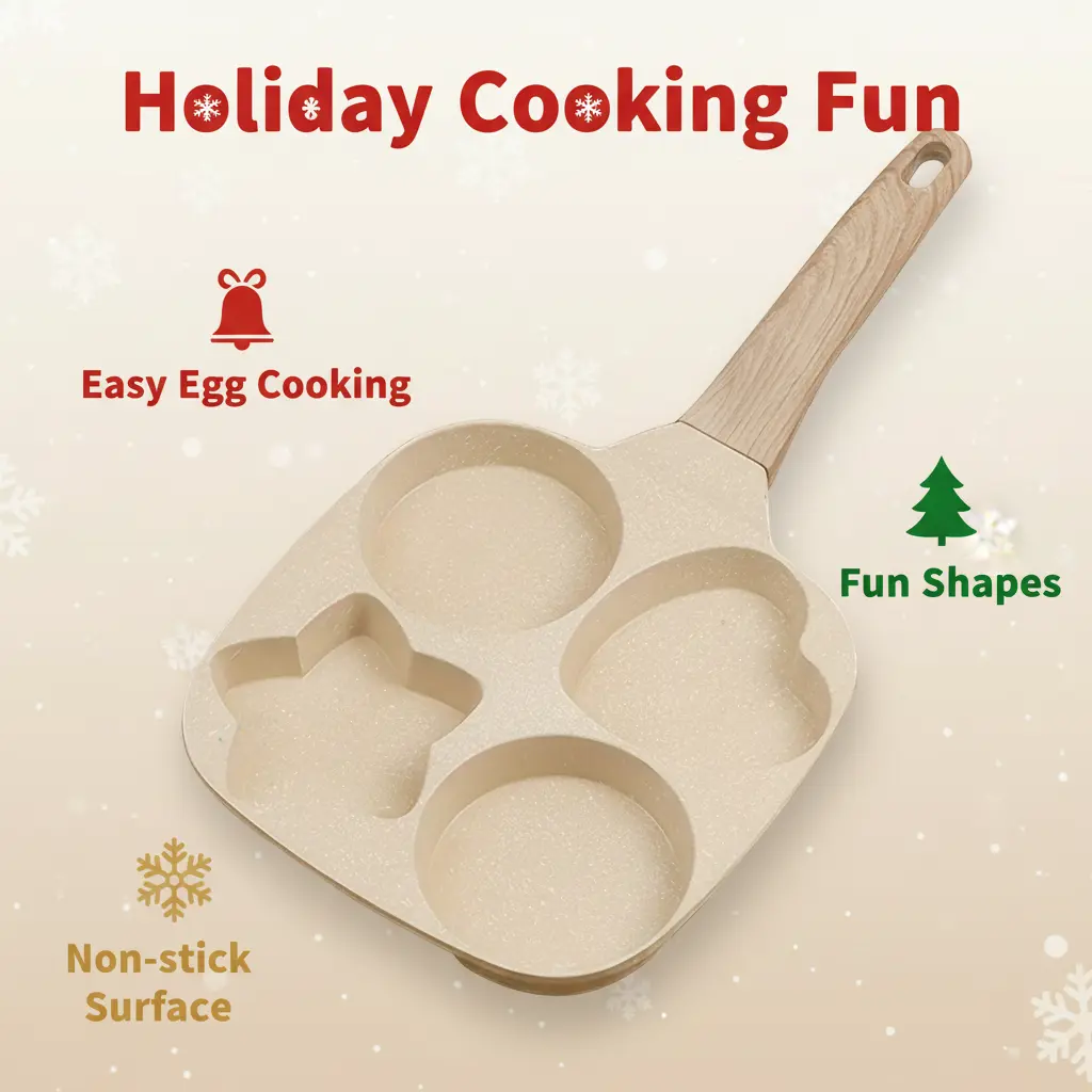 4-Hole Cornmeal Stone Non-Stick Square Omelette Skillet - Versatile Use Cookware with Thickened Composite Bottom, 4-Section Star & Heart Shapes, Portable Handle, Electric & Gas Stove Compatible, Gray/Beige
