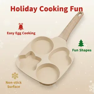 4-Hole Cornmeal Stone Frying Pan - Nonstick Square with Thickened Bottom, Four-Section Star & Heart Shape Eggs for Burgers & Meats - Portable With Handle, Electric & Gas Stove Compatible, Gray/Beige