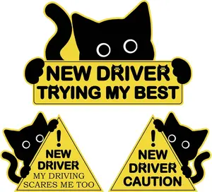 3Pcs Black Cat New Car Driving Magnets, Funny New Driver Magnet for Car Please Be Patient, Safety Warning Signs for Student Driver Moderate Size & Long Service Life