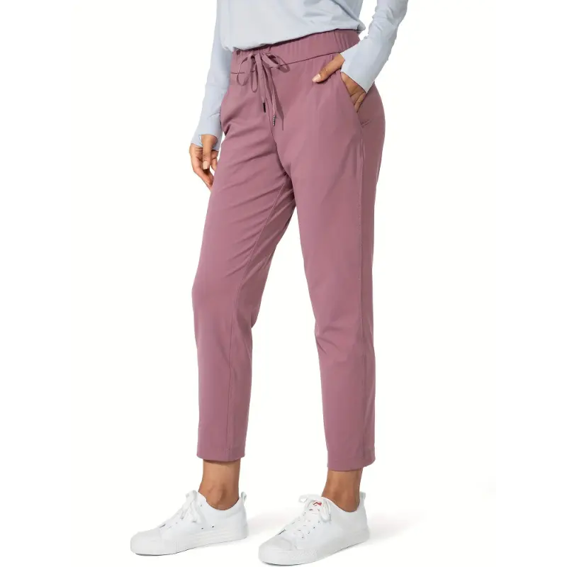 Women's Sporty Chic Sports Pants, Solid High Stretch Nylon Blend Cropped Joggers with Drawstring Waist and Pockets for Workout & Lounge, Adult, 25% Elastane, All Seasons, Black, Exercise Pants Women, Stretch Waist Pants