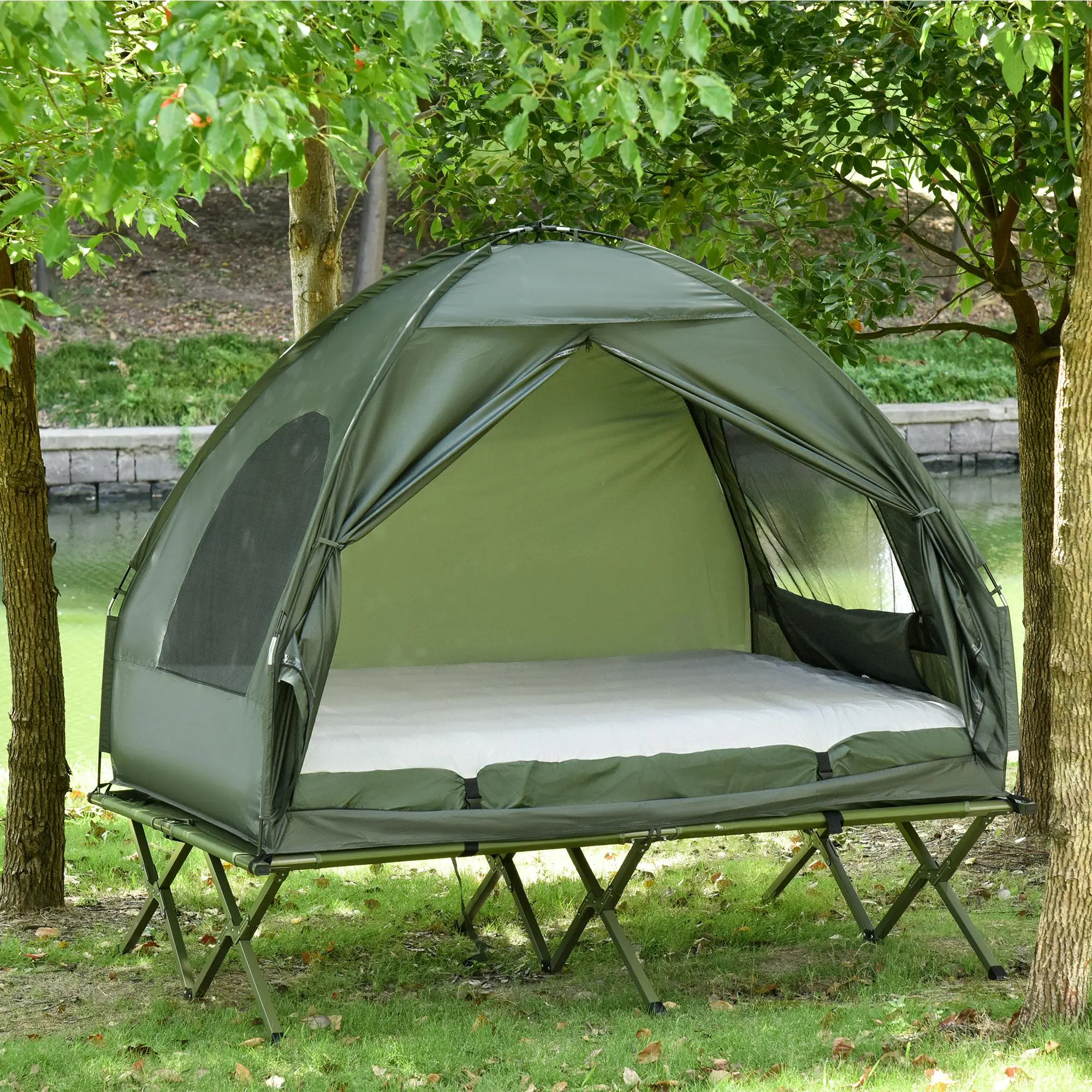 Outsunny 1/2 Person Foldable Camping Cot with Tent, Bedspread and Thick Air Mattress, 4-In-1 Elevated Camping Bed Tent for Outdoor Hiking, Picnic, Travel