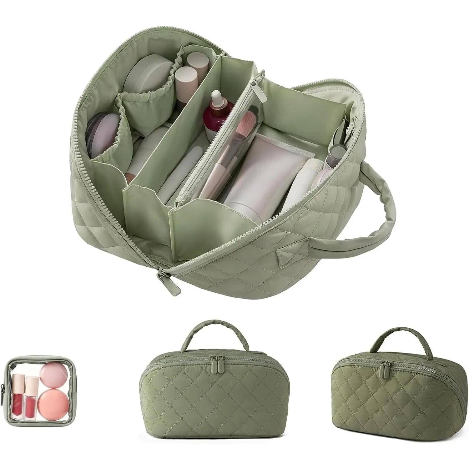 Puffy Quilted Makeup Bag for Women, Large 180° Lay-Flat Cosmetics Organizer for Travel with 5 Compartments, Machine Washable, Cosmetics Bag, Travel Cosmetic Bags