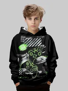 Game Controller Print Boys Hoodie, Graphic Hoodies, Trendy Casual Sweatshirt, Daily Kids Hooded Top for Autumn Winter, Perfect Gift for Gamers