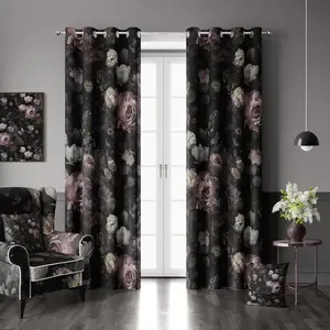 Blackout Curtains 2 Panels Set Black Pink Floral Rose Black Out Curtain Gothic Chic Dark Thermal Insulated Window Treatments Decor for Living Room Bedroom Darkening Curtain 52x84 Inch