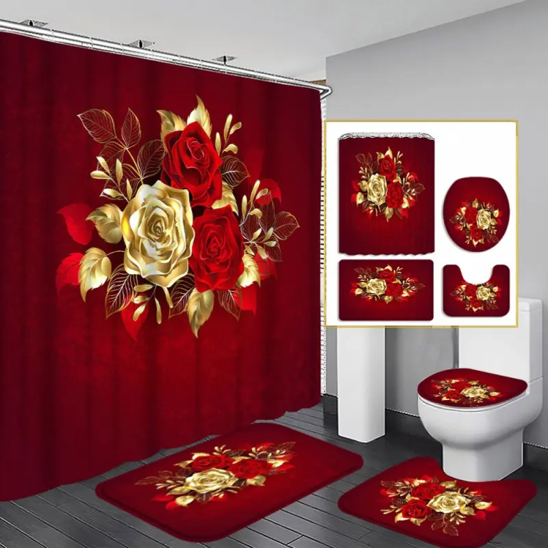 4-Pcs Full Set Polyester Golden Rose Print Bathroom Supplies - Waterproof Shower Curtain, Bath Liner, Toilet Floor Mat, 12 Hooks, Elegant Cube Pattern, Halloween Ghost Design, Modern Decor, Ideal Housewarming Gift