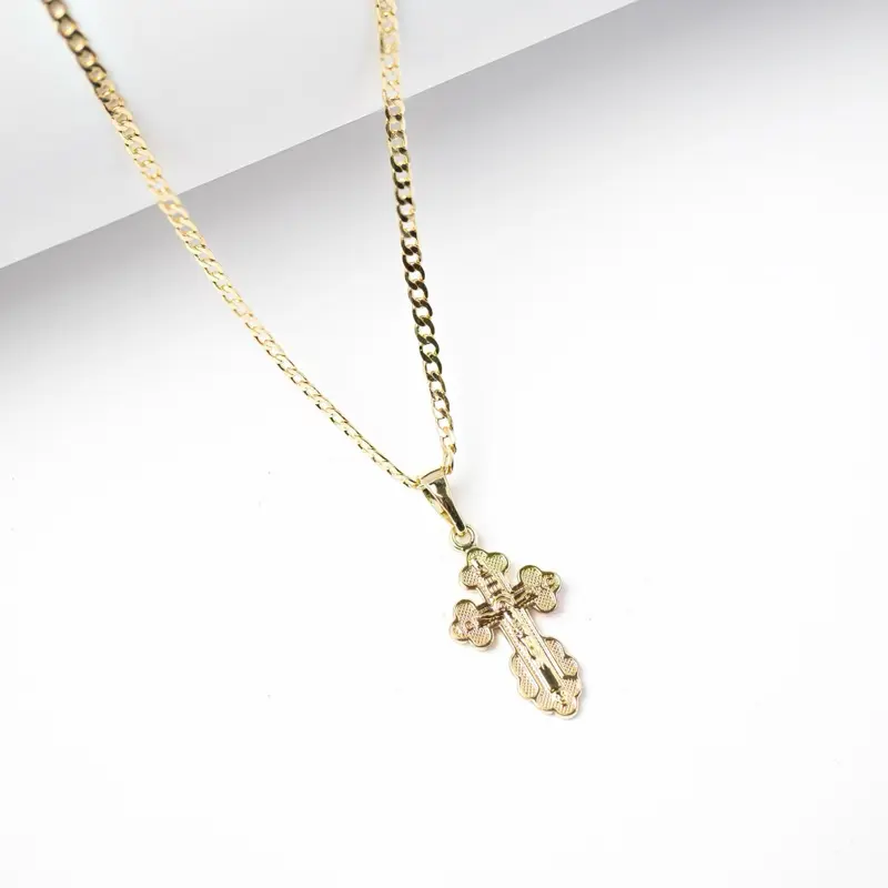 14K Gold Plated Cross Pendant Necklace 2mm Chain High-Polish Textured Finish Perfect for Daily Wear Baptisms Confirmations Gifts