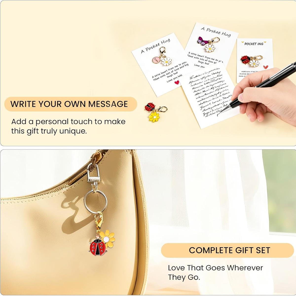 10PCS Pocket Hug Keychain Gift Set with Inspirational Cards – Cute Daisy Bee Butterfly Ladybug Encouragement Gifts for Friends, Family, Kids, Emotional Support Keepsake