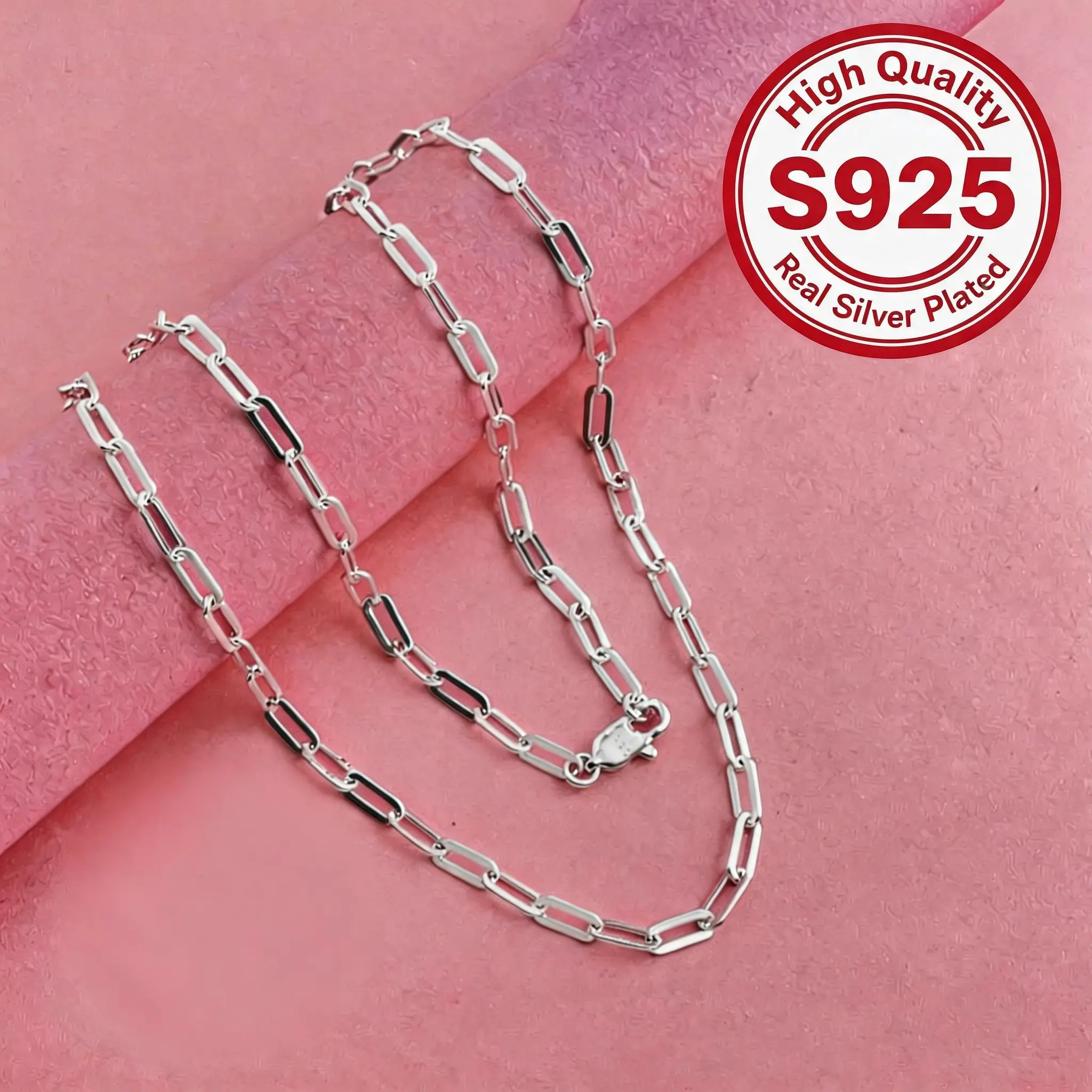 Unisex 925 Silver Plated Paperclip Chain Necklace - Italian Design 3mm Dainty Layering Link, Dual Sizes 19.68in(50cm)/23.62in, Tarnish Resistant Lightweight Daily Jewelry Gift, 23.62In(60Cm)