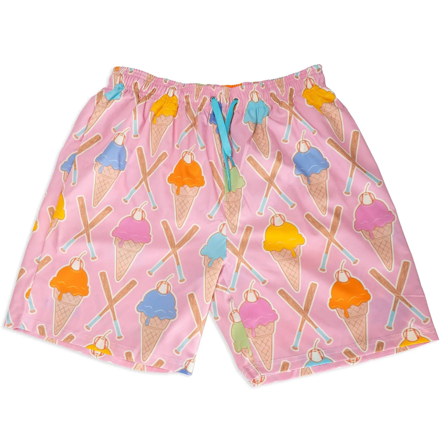 Baseball Swim Trunks, Swimwear Shorts - Baseball-Themed Ice Cream Print Sports Swim Shorts, Swimsuit Bottoms, Players, Athletic Cut, Lightweight