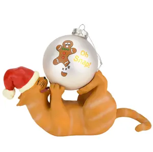 Tree Buddees Playing Cat Christmas Ornament Display Holder 10" x 4.5" Orange Cat Hand Painted Resin Festive Home Decor