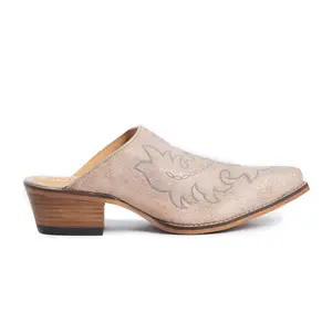 Myra El Paso Ivory Embroidered Mules for Women Pointed Toe, Low Block Heel Western Leather Shoes