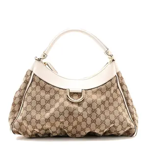Pre-owned GUCCI GG Monogram Canvas with Leather Trim Shoulder Bags Monogram Large D Gold Hobo Off White